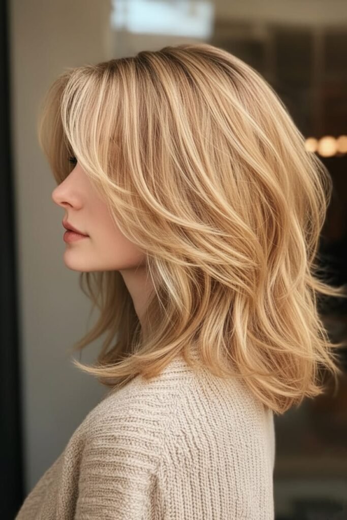 21 Gorgeous Fall Hair Color Ideas to Try This October 2025 9 Dimensional Blonde Feathered Bangs