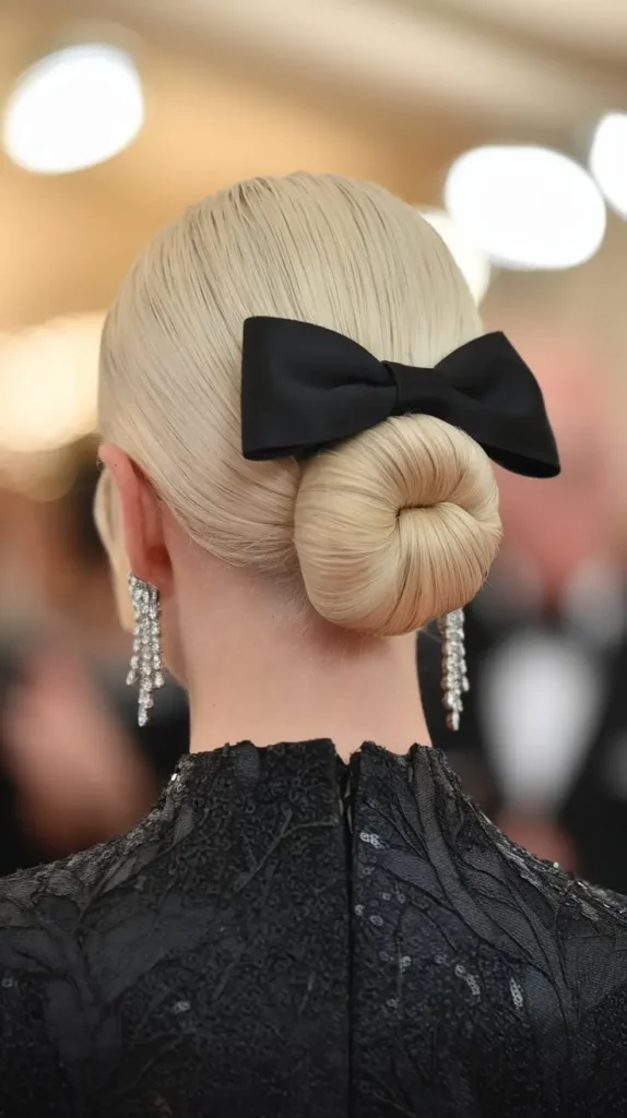 23 Easy Fall Hairstyles 2025-2026: Hairstyles That Instantly Upgrade Your Vibe 13 Velvet Grace Wrapped Bun With Noir Bow