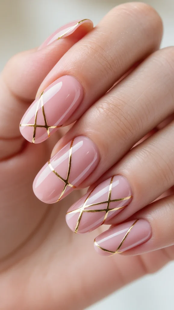 From Minimal to Playful: 22 Cute Nail Designs to Try in 2026 13 Blush Pink Almond Nails with Gold Lines