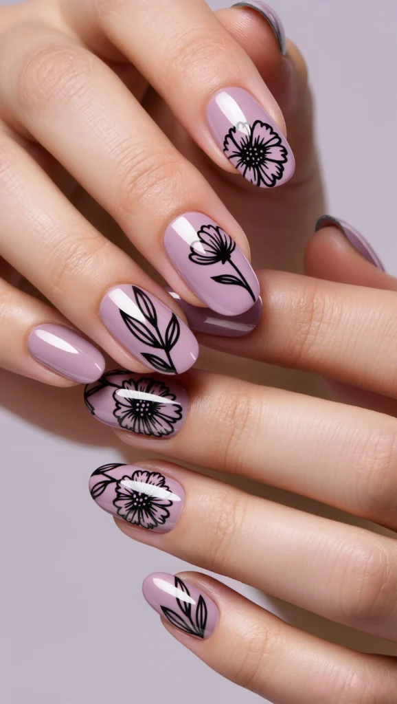 From Minimal to Playful: 22 Cute Nail Designs to Try in 2026 2 Graphic Botanicals on Soft Mauve