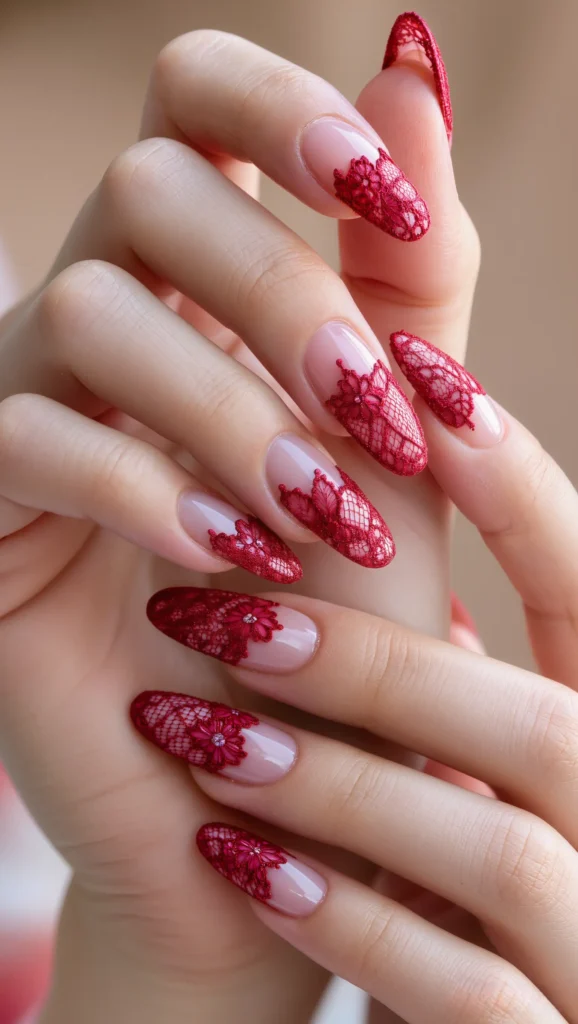 Lace-Inspired Red Stiletto Nails