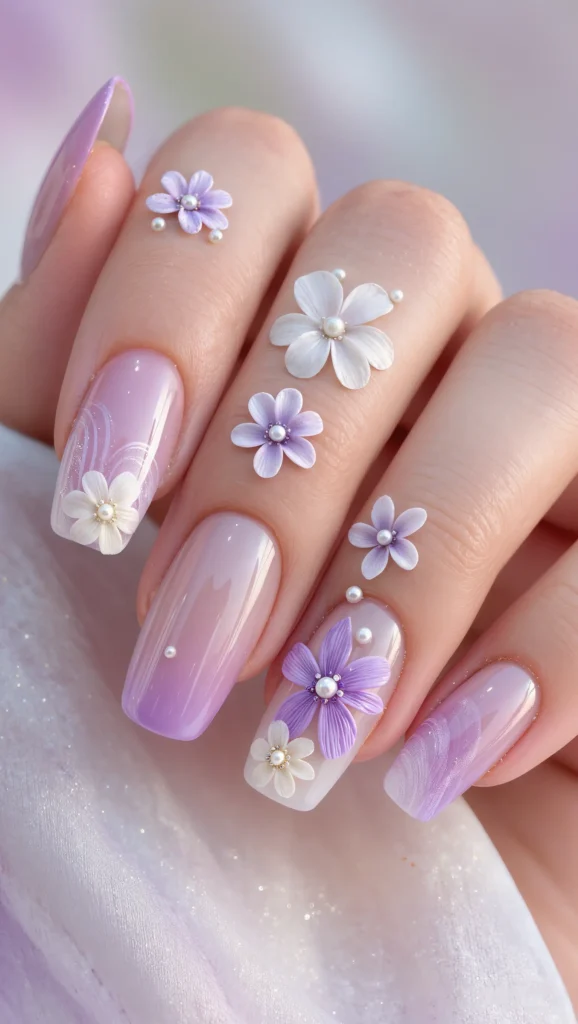 From Minimal to Playful: 22 Cute Nail Designs to Try in 2026 14 Lilac Gradient Nails with 3D Florals