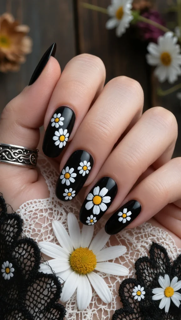 From Minimal to Playful: 22 Cute Nail Designs to Try in 2026 19 Matte Black Daisy Nails