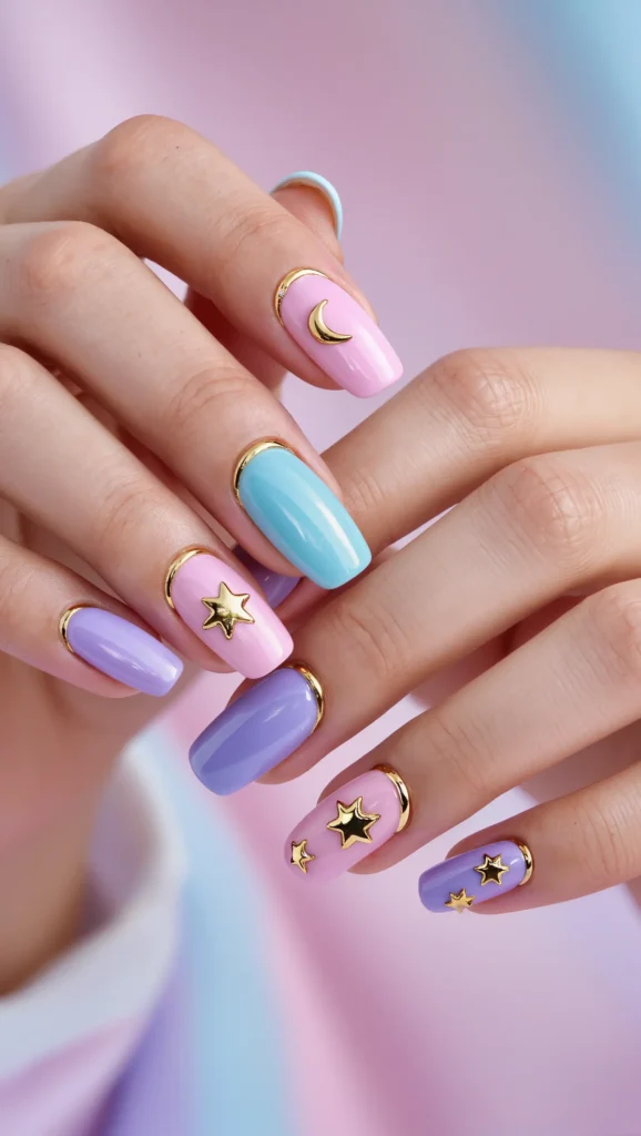 From Minimal to Playful: 22 Cute Nail Designs to Try in 2026 3 Pastel Celestial Nails with Moon Accents