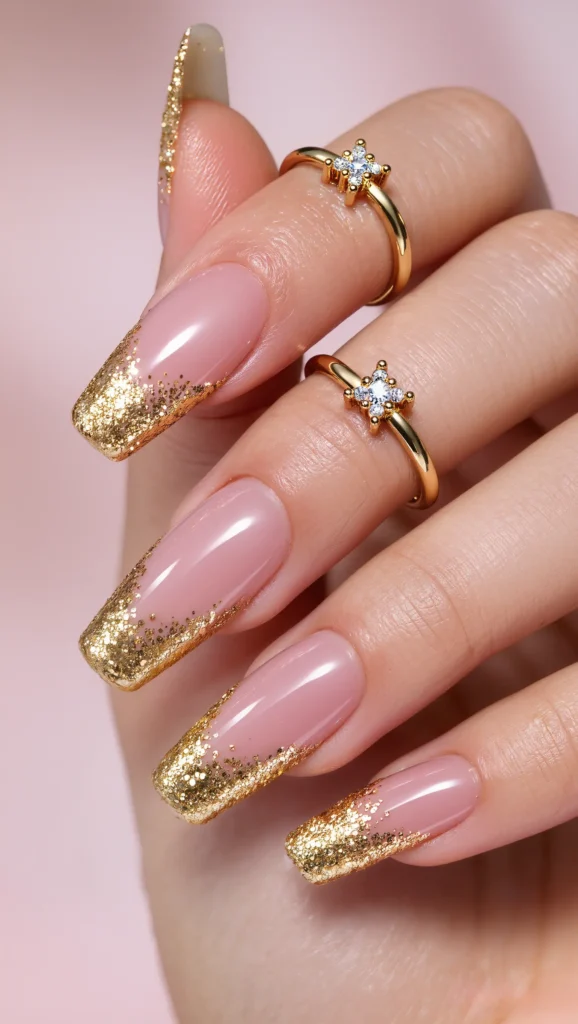 Soft Blush Stilettos with Gold & Glitter Tips