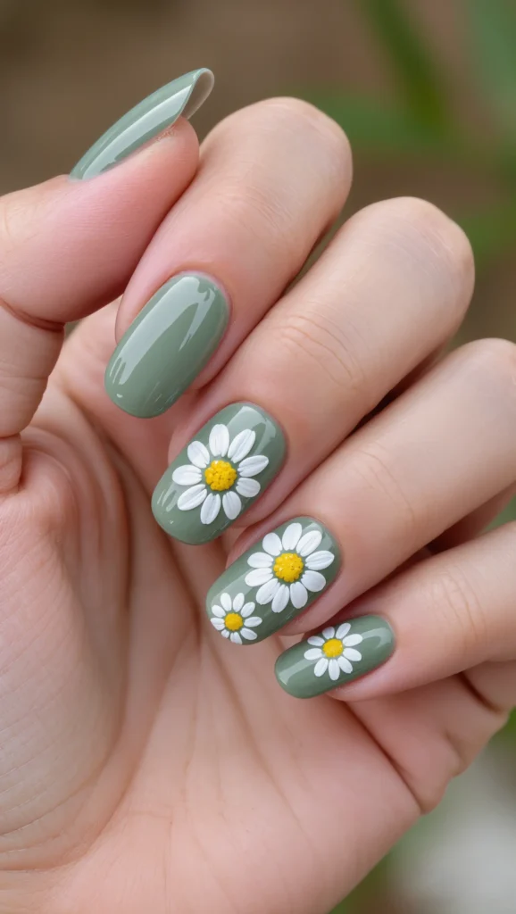 From Minimal to Playful: 22 Cute Nail Designs to Try in 2026 12 Soft Sage Floral Almond Nails