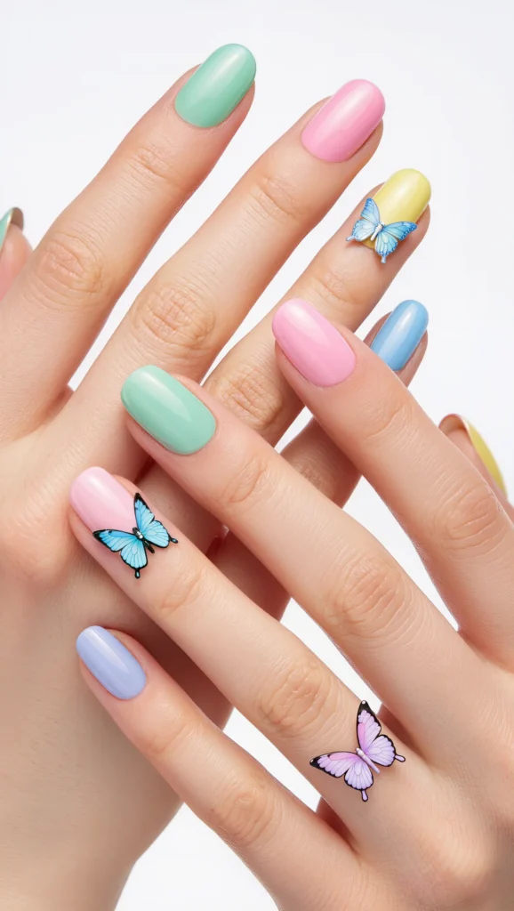 From Minimal to Playful: 22 Cute Nail Designs to Try in 2026 11 Spring Butterfly Pastel Mix Nails