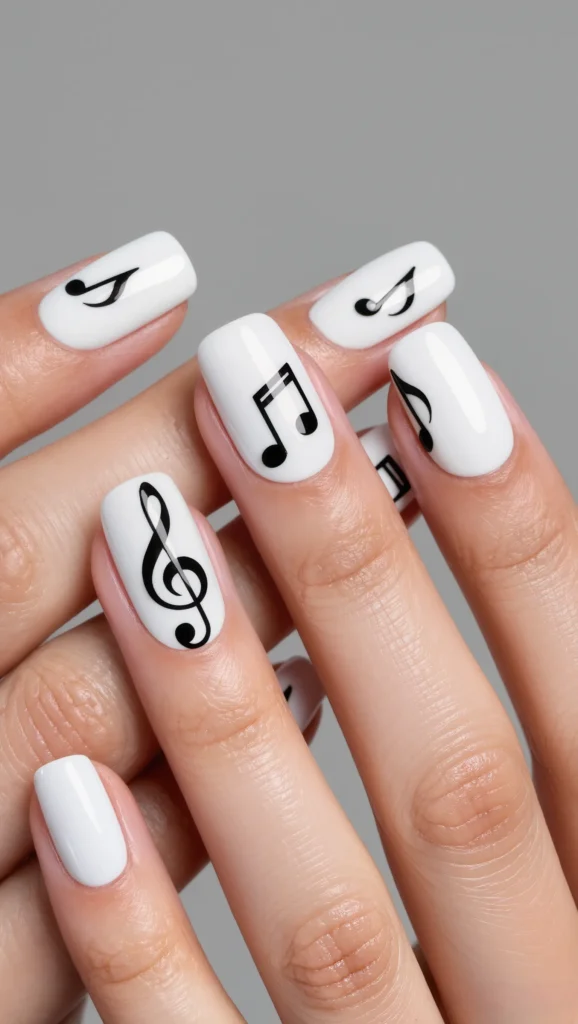 From Minimal to Playful: 22 Cute Nail Designs to Try in 2026 20 White Nails with Music Line Art