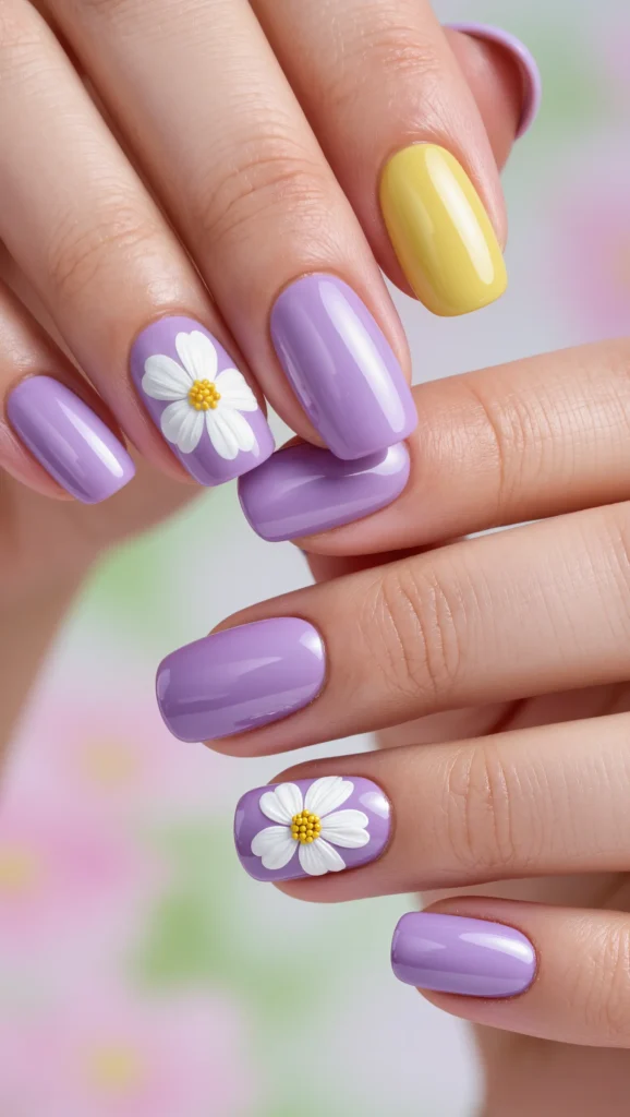 From Minimal to Playful: 22 Cute Nail Designs to Try in 2026 17 Yellow & Lavender Spring Accent Nails