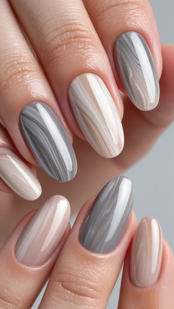Almond Marble Nails in Soft Neutrals