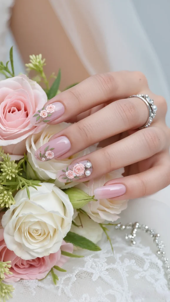 21 Wedding Nails 2026: Elegant & Trendy Bridal Nail Ideas 11 Almond Nails with Romantic Floral Accents