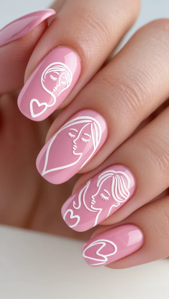 Almond Pink Nails with Romantic Line Art