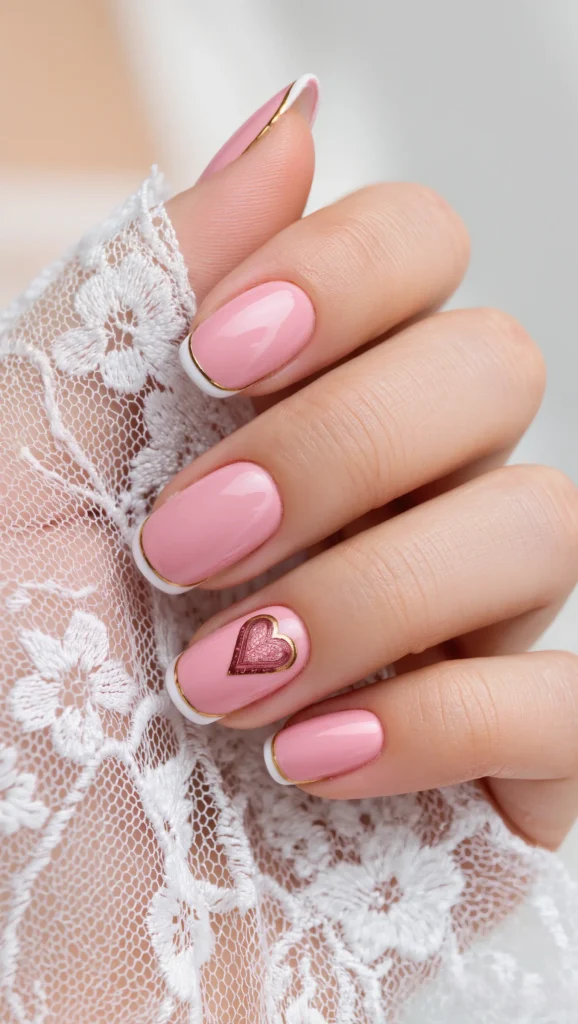 21 Best Coquette Valentine Nail Ideas 2026 for a Feminine Look 7 Baby Pink Nails with Coquette Heart Details