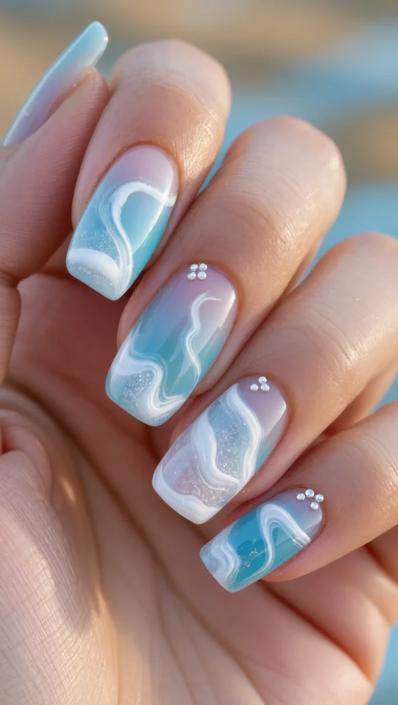 Beach-Inspired Nails with Light Blue Tones