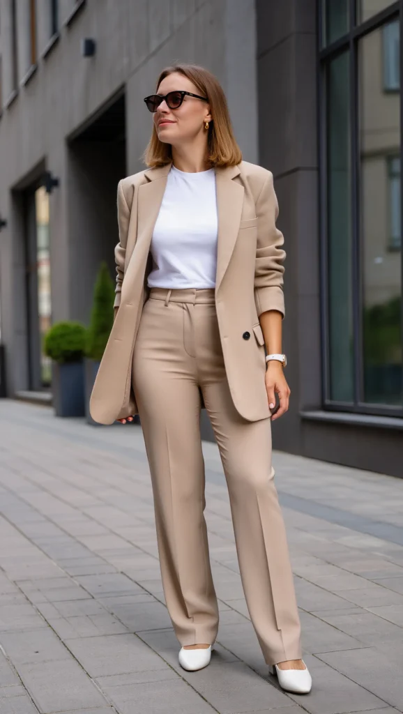 23 Chic Minimal Spring Outfits for 2026: The Beauty of Less 4 Beige Blazer + White Tee + Tailored Trousers
