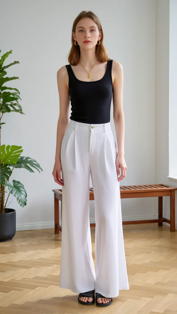 23 Chic Minimal Spring Outfits for 2026: The Beauty of Less 6 Black Tank + High-Waisted Linen Pants