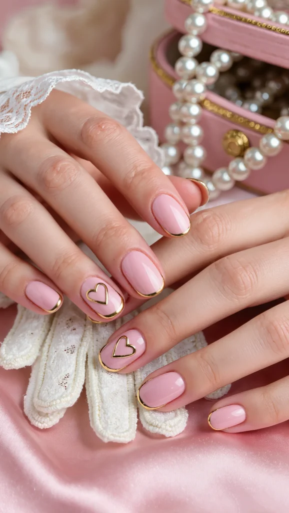 Blush Nails with Minimal Heart Line Art