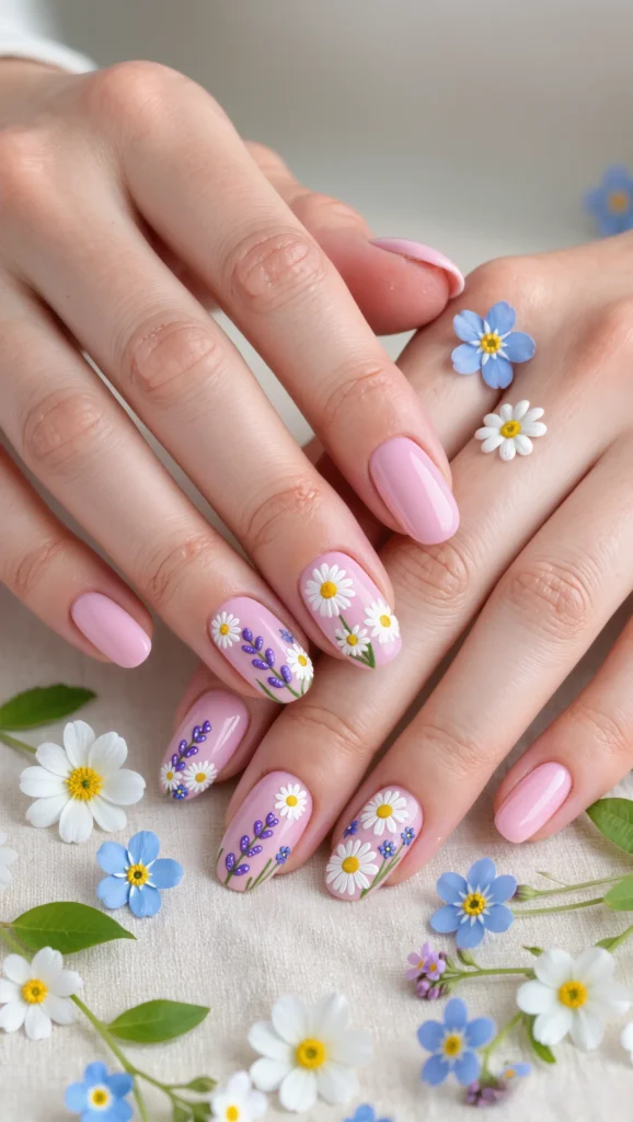 Floral Nails Are Blooming: 21 Flower Nail Trends for 2026 11 Blush Nails with Hand-Painted Wildflowers
