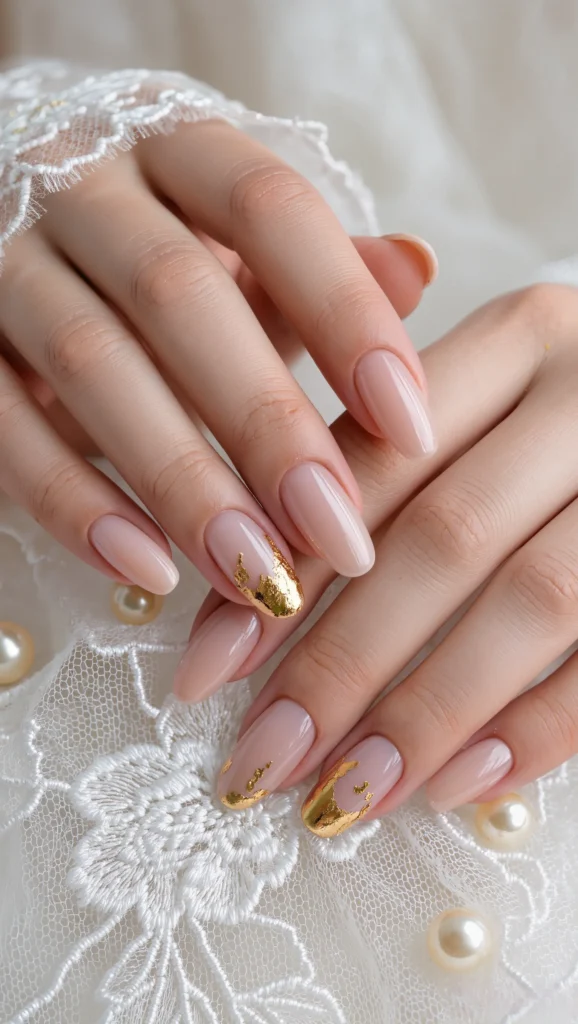 21 Wedding Nails 2026: Elegant & Trendy Bridal Nail Ideas 7 Blush Nude Nails with Subtle Gold Foil Details