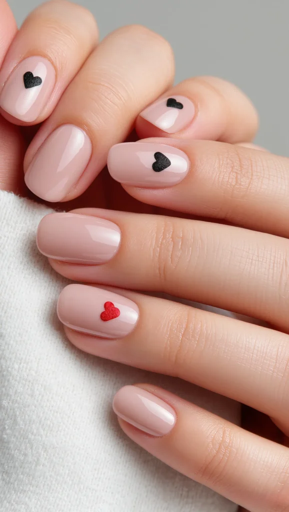 Blush Nude Nails with Tiny Heart Accents