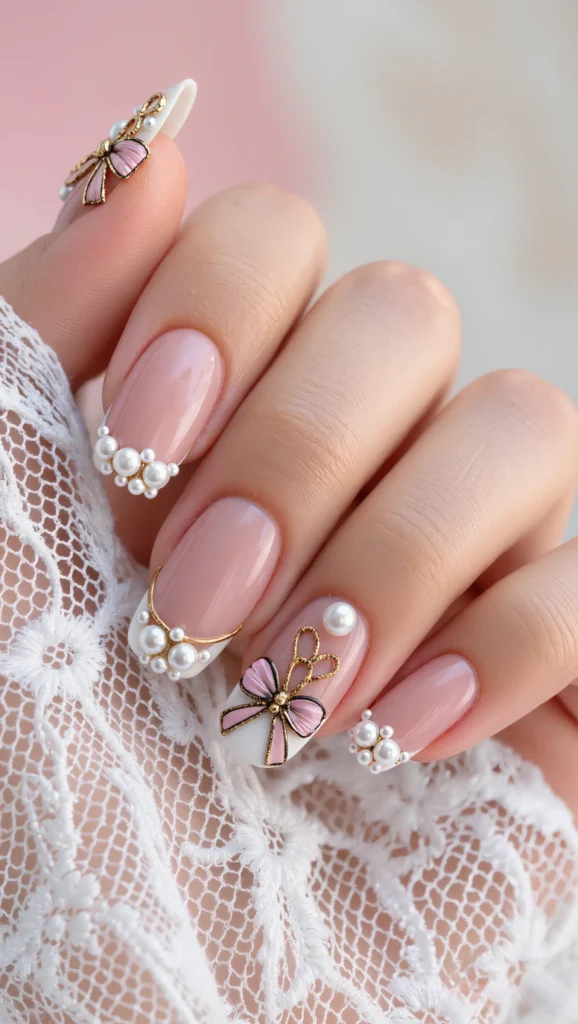Blush Nude Nails with Pearl Embellishments