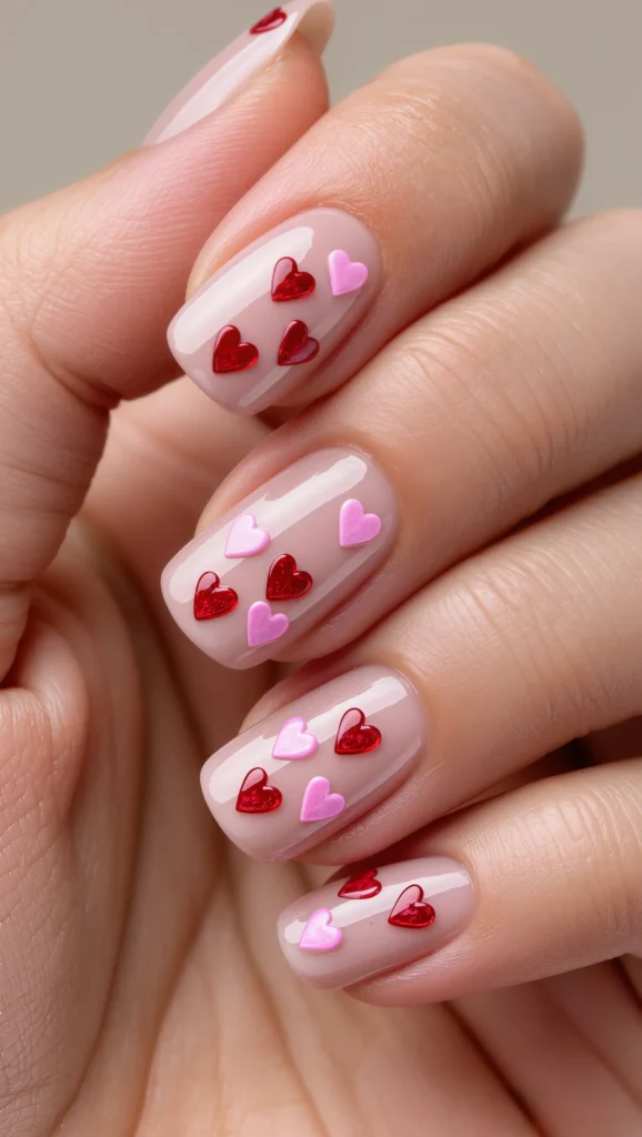 22 Valentine Heart Nail Designs: Cute & Romantic Ideas 15 Blush Nude Nails with Scattered Mini Hearts