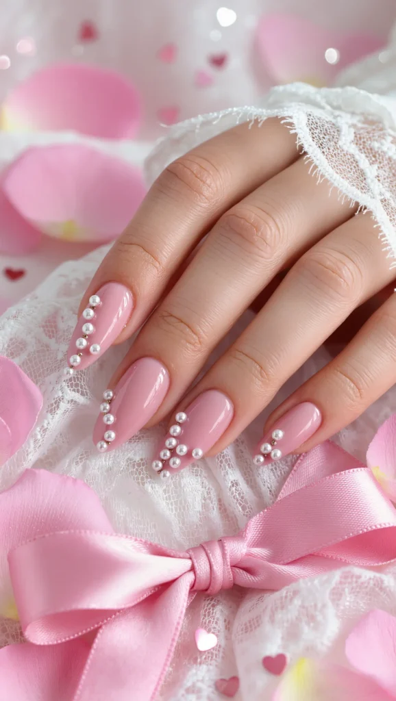 Blush Pink Nails with Pearl Details