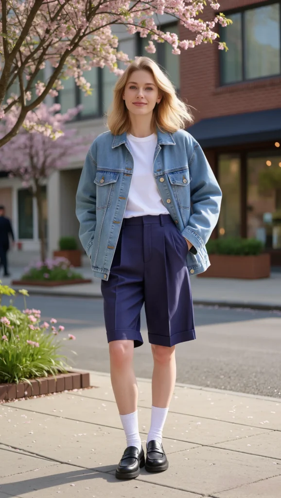 22 Spring Street Style Outfits 2026: Trendy & Wearable Looks 8 Boxy Denim Jacket + Tailored Shorts