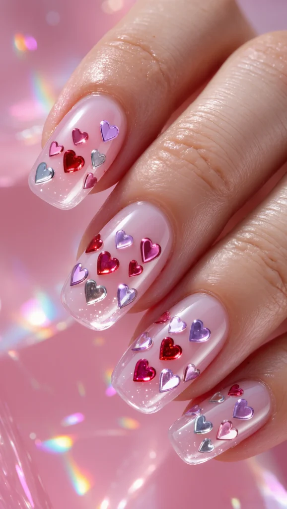 22 Valentine Heart Nail Designs: Cute & Romantic Ideas 20 Clear Base Nails with Floating Hearts