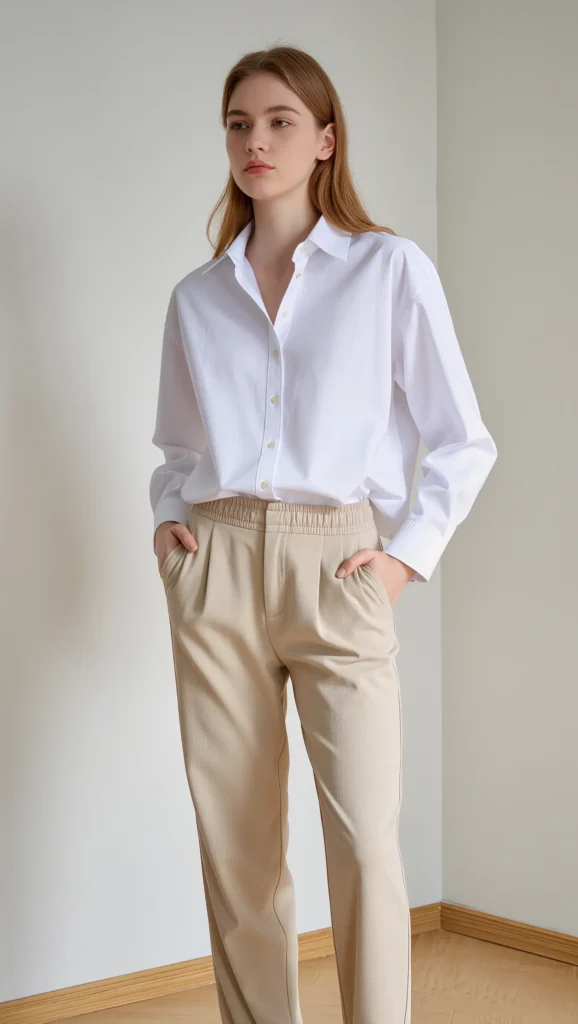 21 Casual Everyday Spring Outfits 2026: Chic & Comfortable Looks 19 Cotton Poplin Shirt + Elastic-Waist Pants
