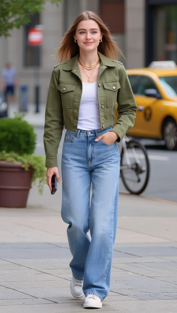 22 Spring Street Style Outfits 2026: Trendy & Wearable Looks 3 Cropped Utility Jacket + White Tank + Loose Jeans