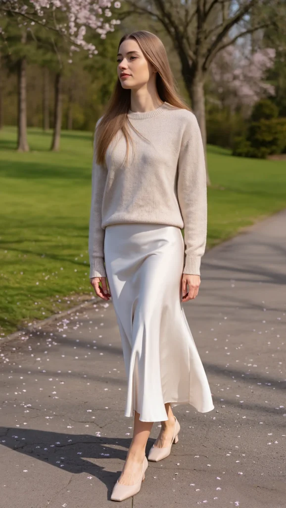 23 Chic Minimal Spring Outfits for 2026: The Beauty of Less 8 Fine-Knit Sweater + Midi Skirt in Neutral Tones