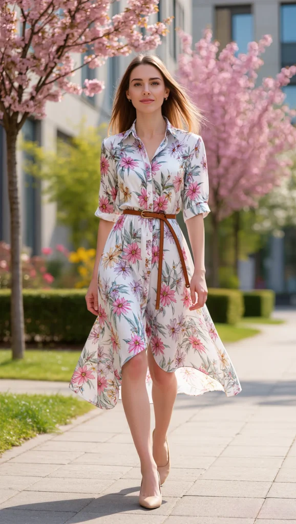 22 Floral Spring Outfit Ideas for 2026: Romantic & Chic 16 Floral Shirt Dress with Belted Waist