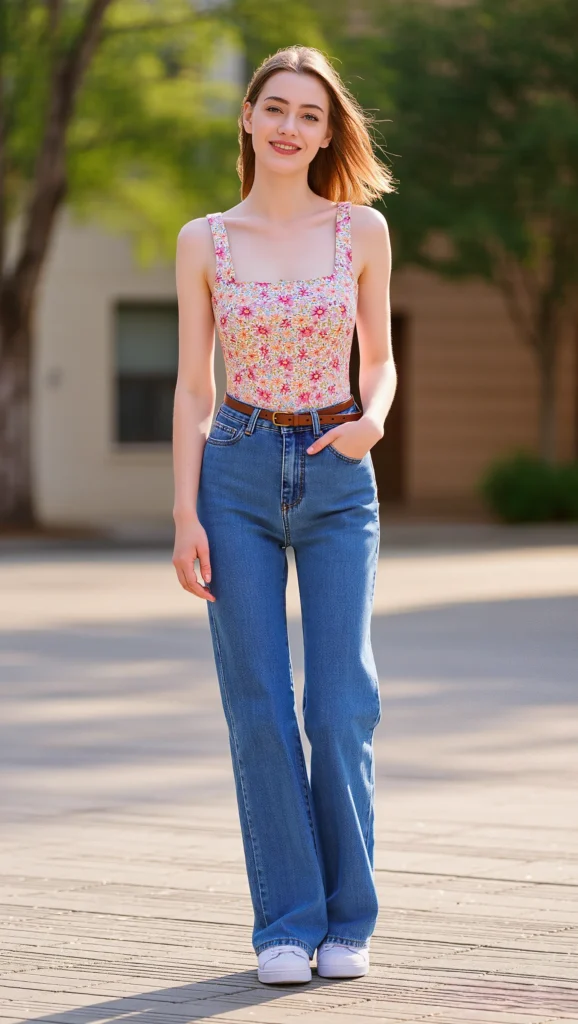 22 Floral Spring Outfit Ideas for 2026: Romantic & Chic 18 Floral Sleeveless Top with Everyday Denim