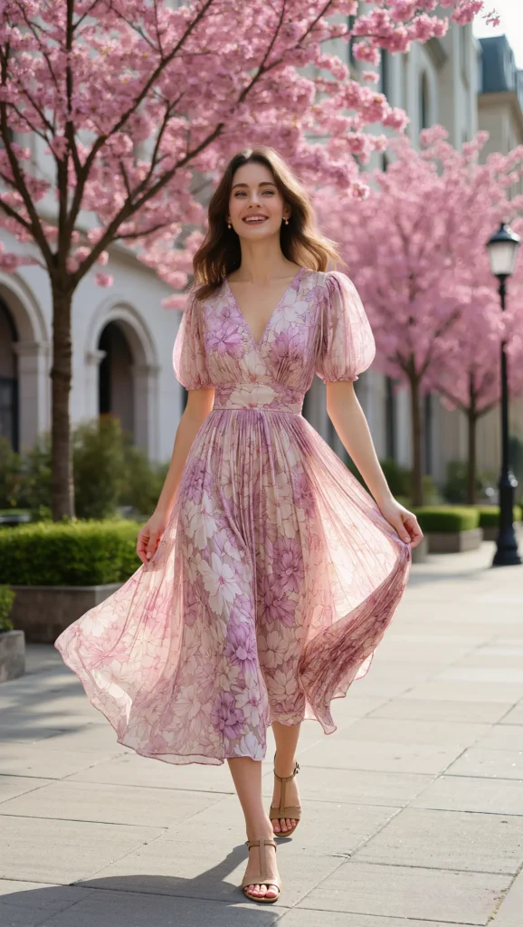 22 Floral Spring Outfit Ideas for 2026: Romantic & Chic 2 Flowy Floral Midi Dress with Neutral Sandals