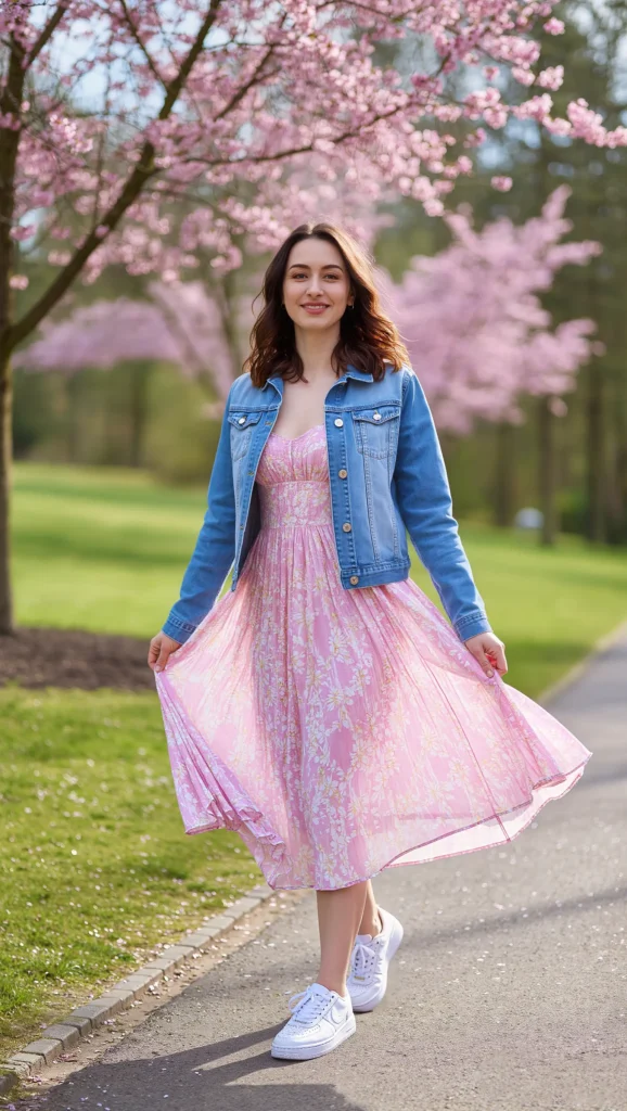 21 Casual Everyday Spring Outfits 2026: Chic & Comfortable Looks 14 Flowy Midi Dress + Denim Jacket