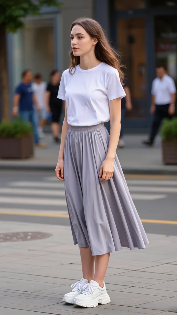 22 Spring Street Style Outfits 2026: Trendy & Wearable Looks 21 Flowy Skirt + Chunky Sneakers