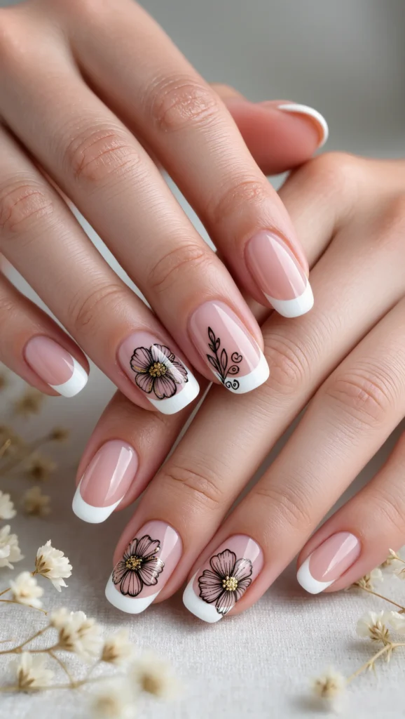 Floral Nails Are Blooming: 21 Flower Nail Trends for 2026 5 French Tip Nails with Floral Line Art