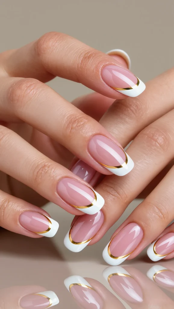 French Tip Nails with Thin Gold Outline
