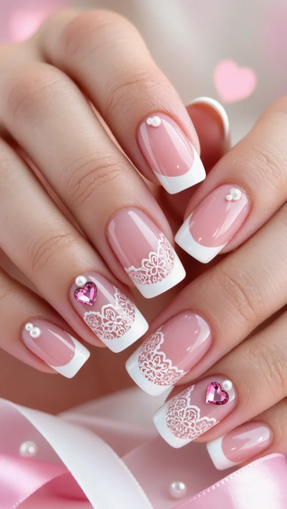 21 Best Coquette Valentine Nail Ideas 2026 for a Feminine Look 15 French Tip Nails with Lace-Inspired Details