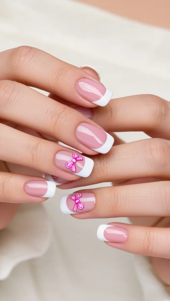 French Tip Nails with Pink Bow Art