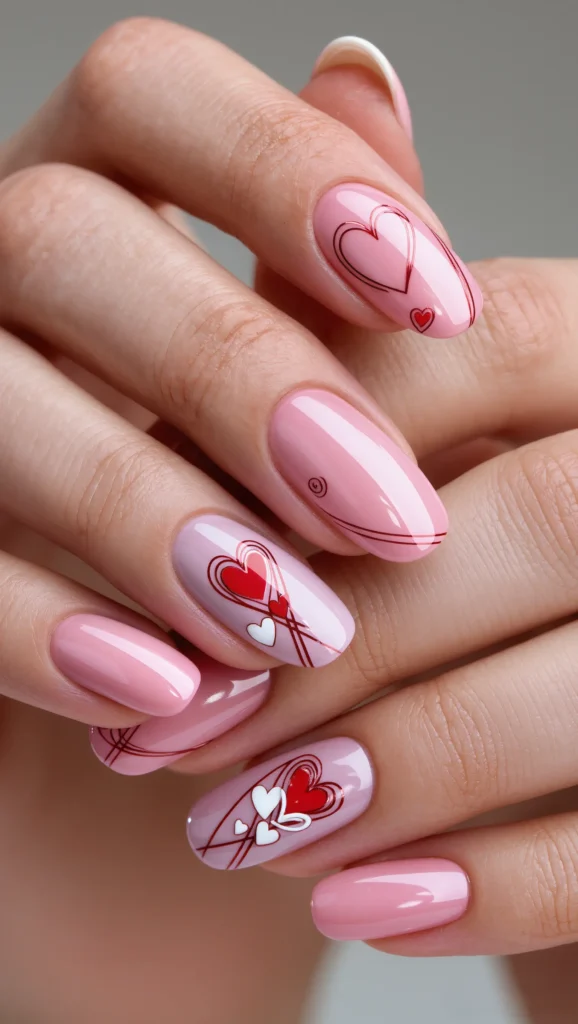 Glossy Blush Nails with Love-Inspired Line Art
