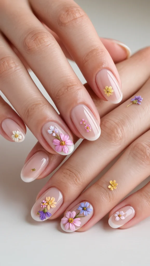 Floral Nails Are Blooming: 21 Flower Nail Trends for 2026 18 Glossy Nude Nails with Scattered Micro Blooms