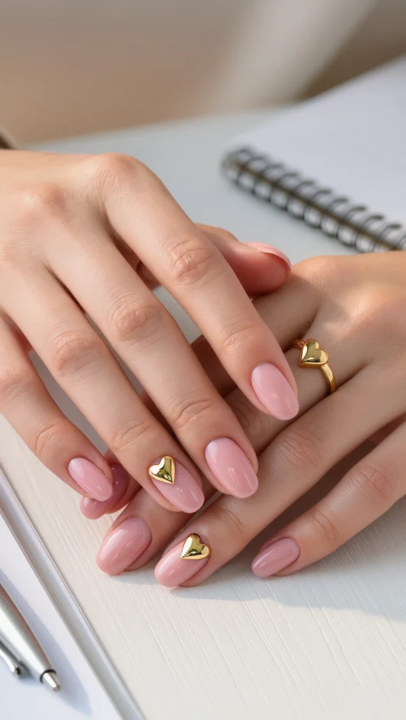 22 Valentine Heart Nail Designs: Cute & Romantic Ideas 22 Glossy Nude Nails with Delicate Heart Art