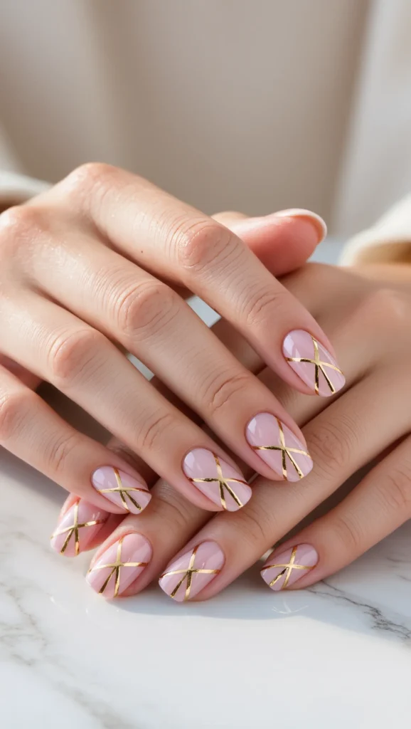 Glossy Pink Nails with Subtle Gold Details