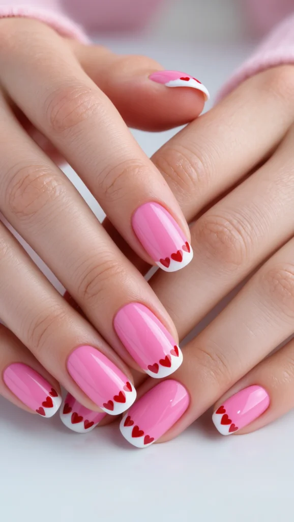 22 Valentine Heart Nail Designs: Cute & Romantic Ideas 12 Glossy Pink Nails with Tiny Heart Tips