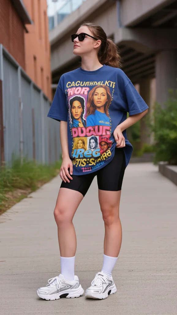 Biker Shorts + Graphic Tee + Chunky Sneakers