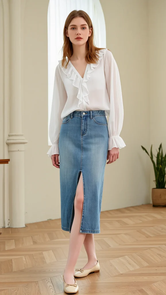 Denim Midi Skirt + Breezy Blouse + Ballet Flats