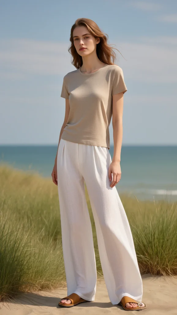 Linen Wide-Leg Trousers + Neutral Tee + Slide Sandals