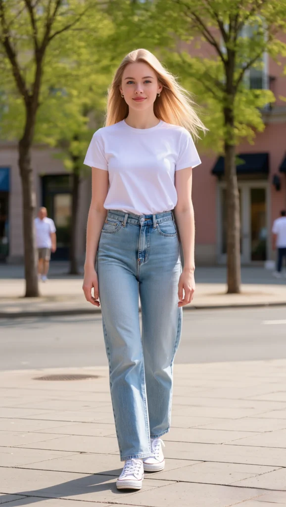Classic White Tee + High-Rise Jeans + White Sneakers